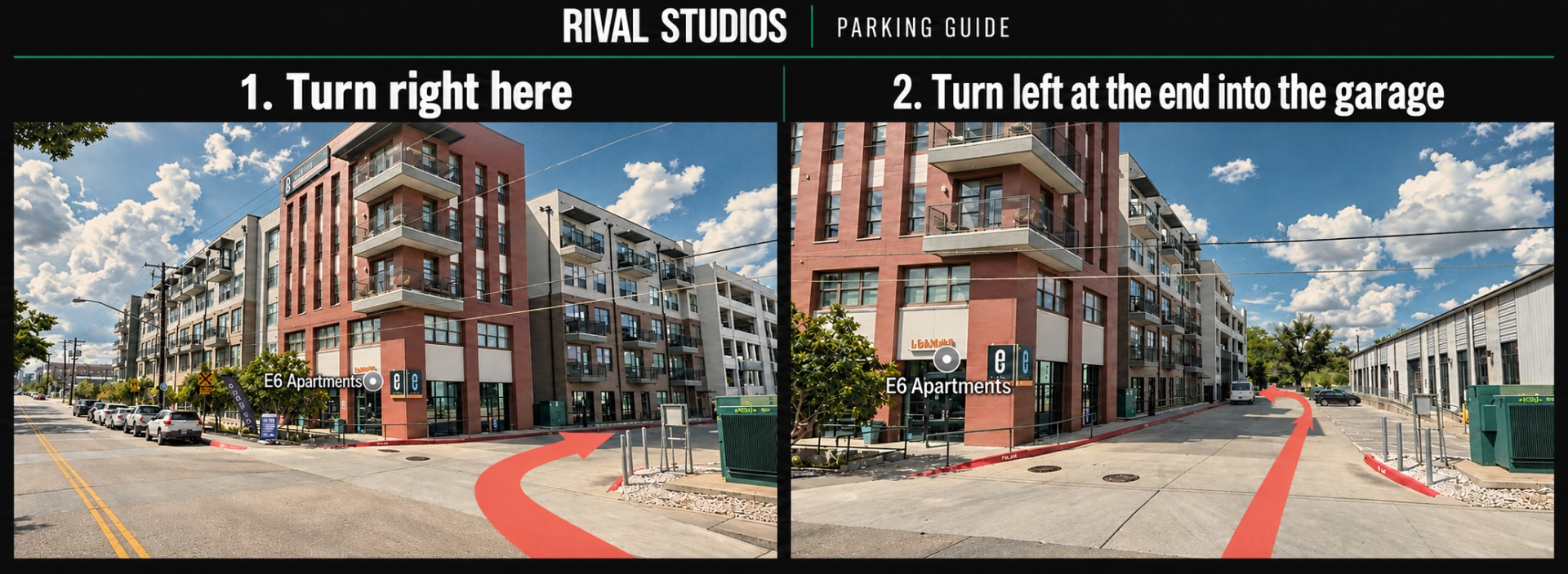 Rival Studios parking guide showing two photos of the on-site garage entrance at 2400 East 6th Street, with arrows marking the way in