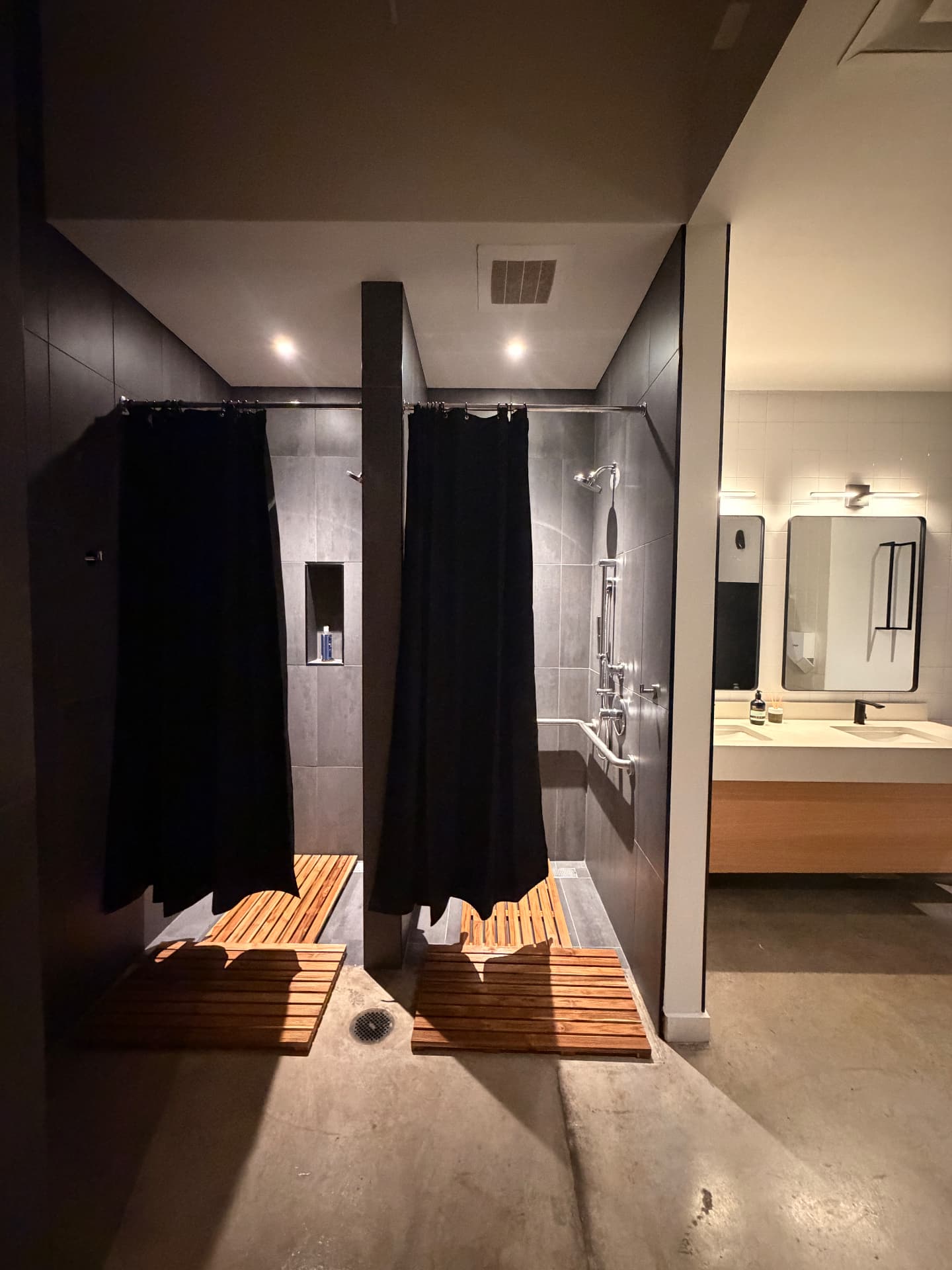 Shower and vanity area at Rival Studios for freshening up after an indoor cycling class